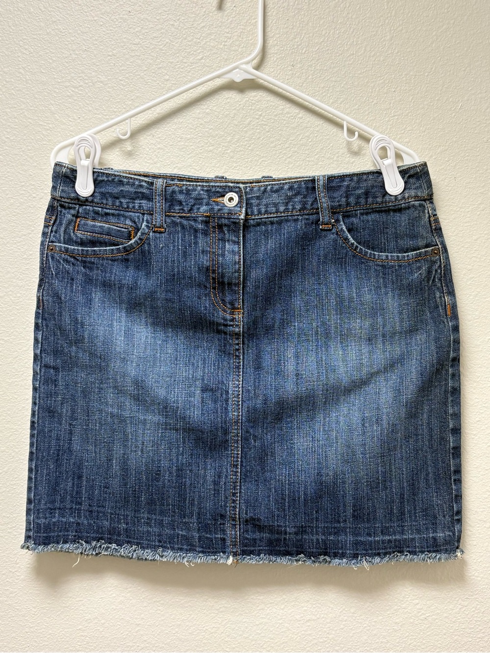 Ann Taylor LOFT Womens Blue Denim Straight Short Skirt Fringe Pockets Zip Size 8